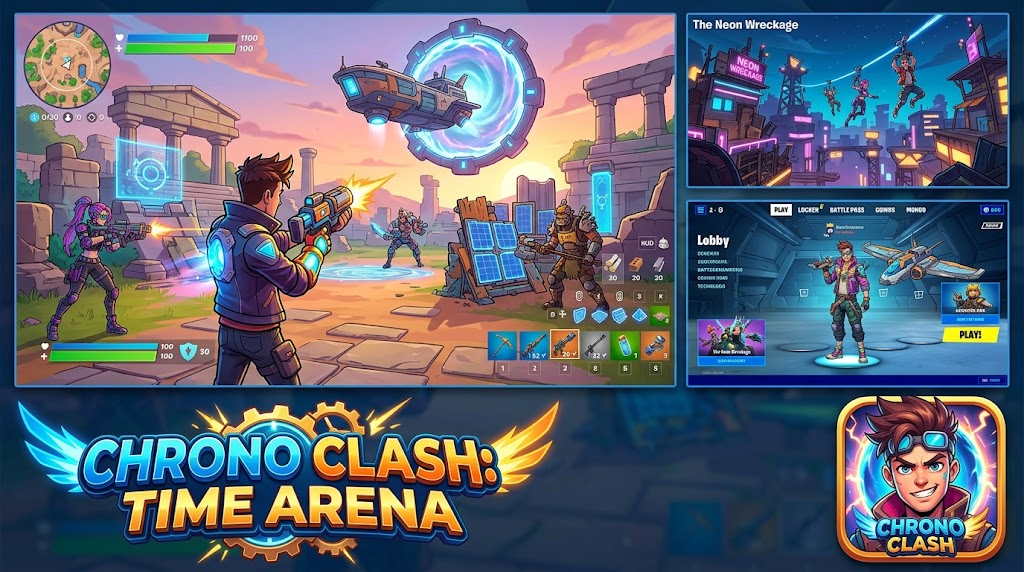Propuesta visual de Chrono Clash: Time Arena, con personajes, portales y escenarios del juego